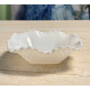 Vintage 6” English Hobnail Diamond Cut Hazel Atlas Square Milk Glass Candy Dish